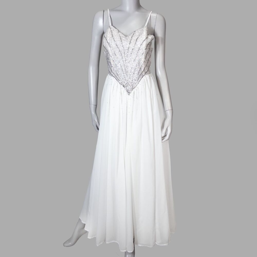 VTG 70s Rhinestone & Chiffon Basque Waist Maxi Dress Womens XS Bridal Romantic